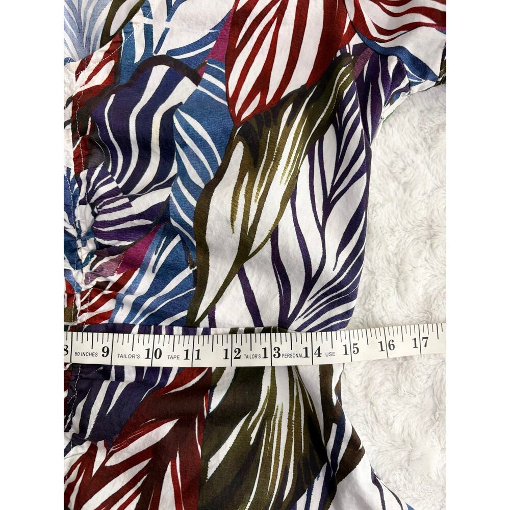 Parker Blue Green Palm Leaf Print Cotton Ruched Puff Sleeve Tropical Top M - Picture 8 of 8